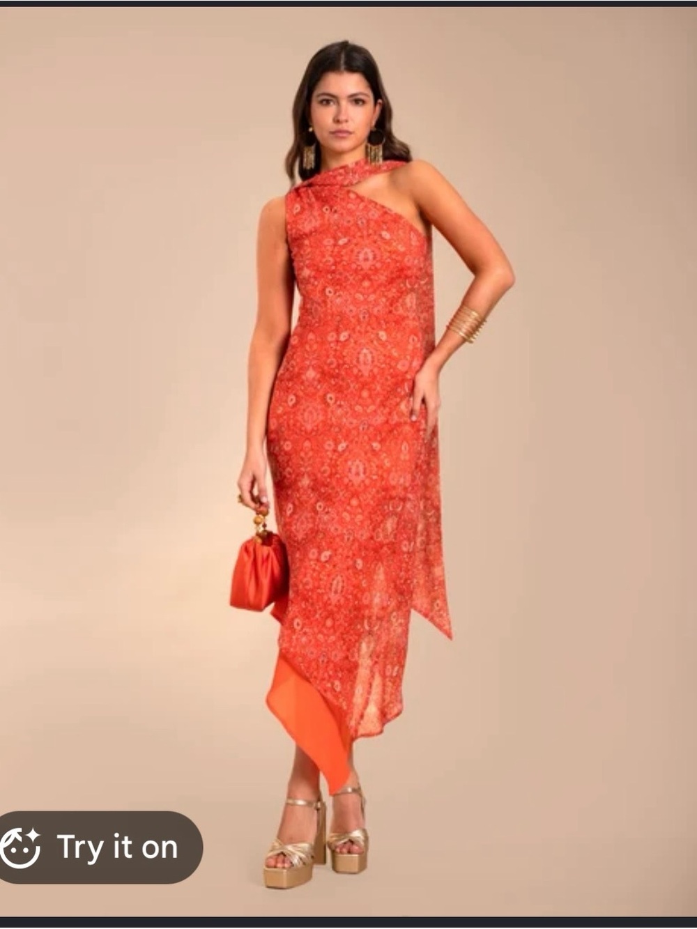THE-ARE Asymmetric One-Shoulder Orange Floral Midi Dress
